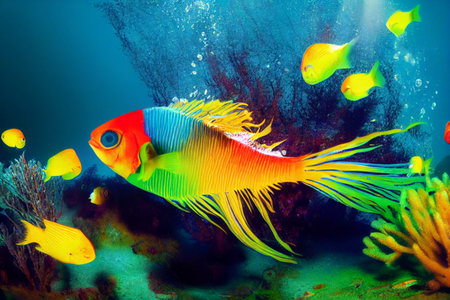 Bright and colorful computer generated illustration of fish and coral in the ocean.の写真素材
