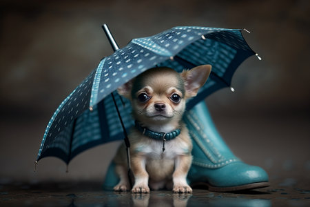Illustration of a little chihuahua pup sheltering under a blue umbrella beside a bootの素材