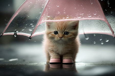Illustration of a little kitten in pink boots sheltering under a pink umbrellaの素材