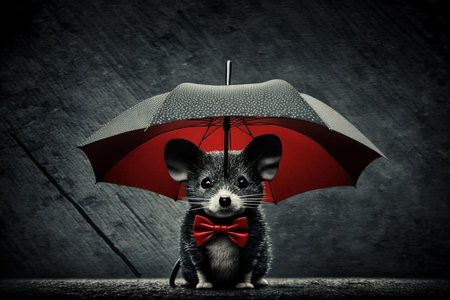 Illustration of a little mouse sheltering under an umbrellaの素材