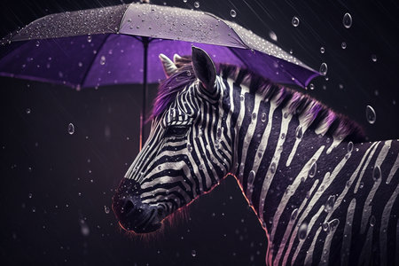 Illustration of a zebra sheltering under a purple umbrellaの素材