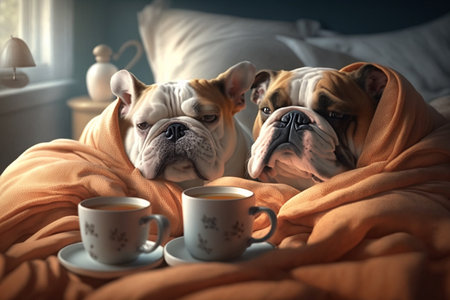 Illustration of two bulldogs snuggled up in bed with their hot drinksの素材
