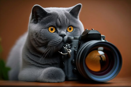 Illustration of an adorable British short hair grey kitten with amber eyes ready to take a photo with his cameraの素材