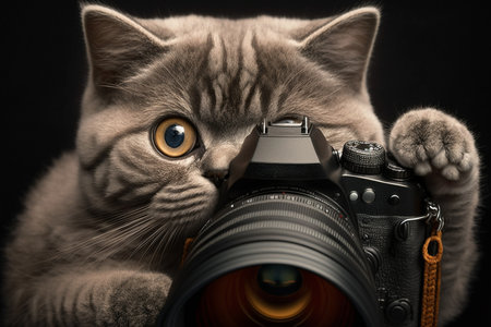 Illustration of an adorable British short hair grey kitten with amber eyes ready to take a photo with his cameraの素材