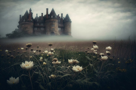 Illustration of medieval castle shrouded in fogの素材