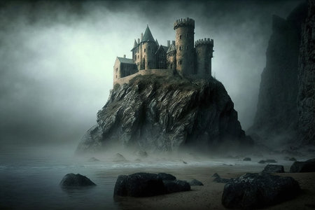 Illustration of medieval castle shrouded in fogの素材