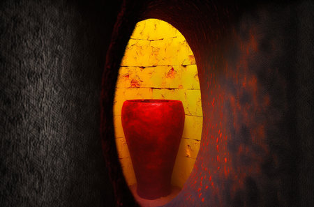 Illustration of an orange ceramic jar in the well lit alcove of a textured wallの素材
