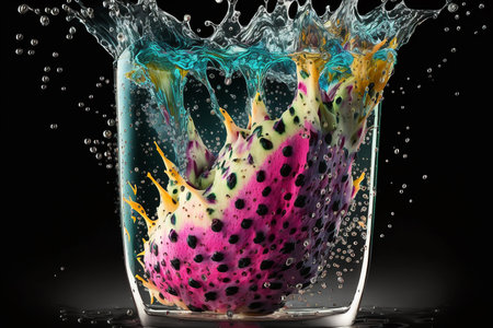 Illustration of high speed action photography of slices of dragon fruit splashing into waterの素材