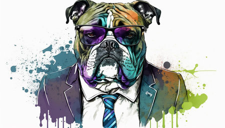 Illustrative watercolor of a bull dog dressed in a suitの素材