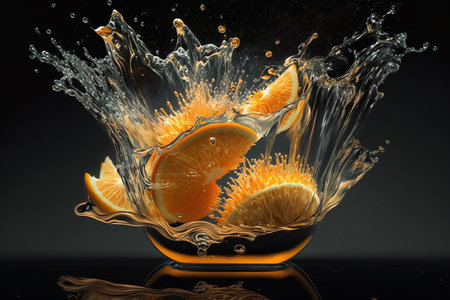 Illustration of high speed action photography of oranges splashing into waterの素材
