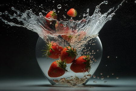 Illustration of high speed action photography of strawberries splashing into waterの素材
