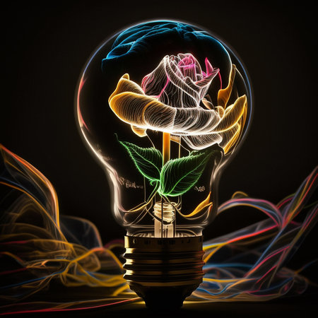 Light painting illustration of a flower within a light bulbの素材
