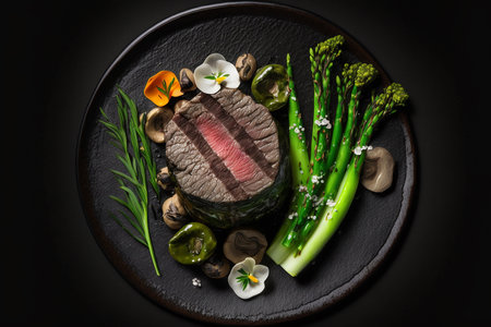 Flat lay illustration top down view of fillet steak and asparagusの素材
