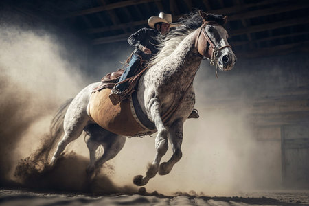 Illustration of a cowboy riding a bucking bronc horse at a dusty country rodeoの素材