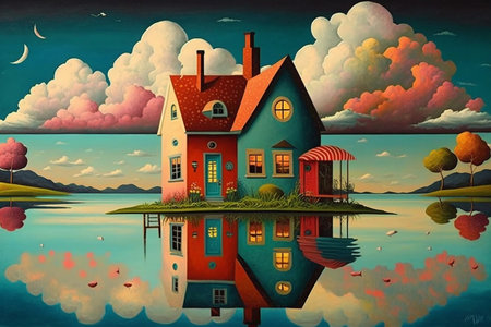 An illustration of a whimsical house on a lace with water reflectionの素材