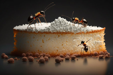 An illustration of storytelling with ants as they put the finishing touches on a sponge cakeの素材