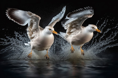 Realistic illustration of two seagulls landing on the waterの素材
