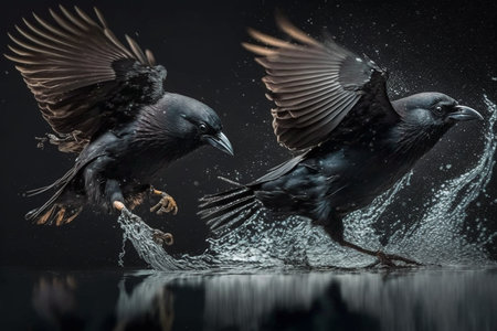 Realistic illustration of two crows landing on waterの素材