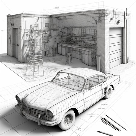 sketch design of a classic car on a construction site (3d render)の素材