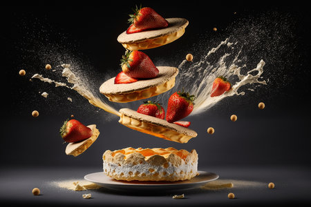 Creative illustration of flying food, sponge cakes with strawberries and creamの素材