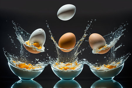 Creative illustration of flying food, eggs cracking, yolks smashing, whites spillingの素材