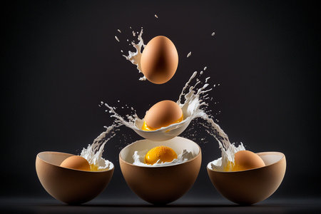 Creative illustration of flying food, eggs cracking, yolks smashing, whites spillingの素材