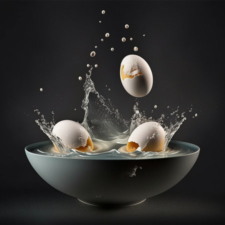 Creative illustration of flying food, eggs cracking, yolks smashing, whites spillingの素材