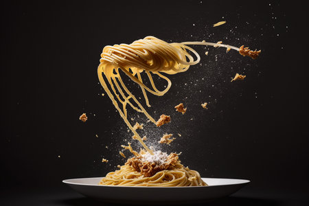 Creative illustration of flying food, spaghetti on a forkの素材