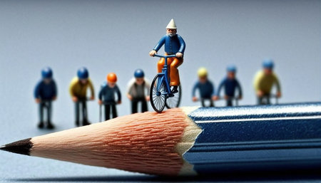 Illustration of a miniature person bicycle rider on the sharp pointed end of a led pencilの素材