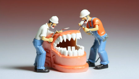 Illustration of miniature people workers smiling as they repair a set of false teethの素材