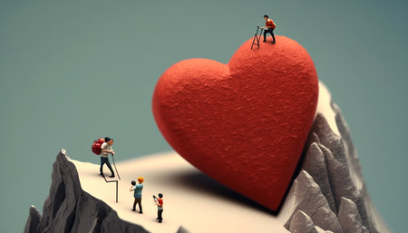 Illustration of miniature people mountain climbers heading towards a red heart on a mountainの素材