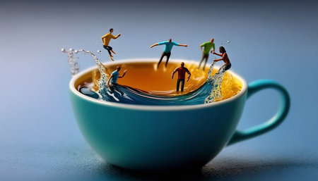 Illustration of miniature people having fun diving into and swimming in a cup of coffeeの素材