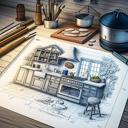 Illustration of sketched plans for a kitchen renovation or buildの素材