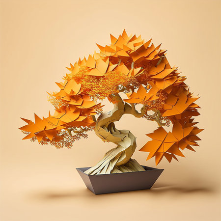 Illustration of a bonsai tree created by folding paper origami, a Japanese artの素材