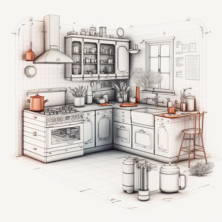 Illustration of sketched plans for a kitchen renovation or buildの素材