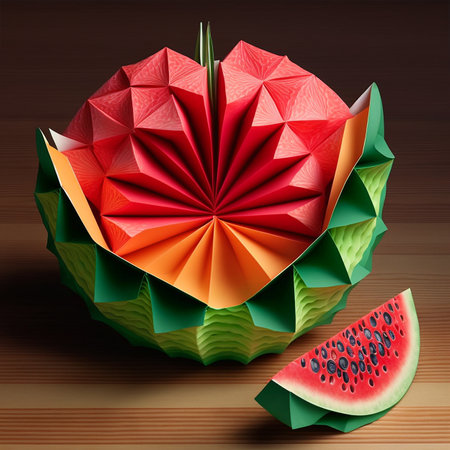 Illustration of a watermelon created by folding paper origami, a Japanese artの素材