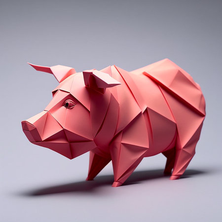Illustration of a pink pig created by folding paper origami, a Japanese artの素材
