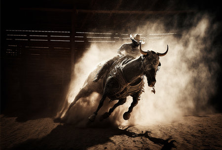 Illustration of bull riding in the dusty arena of a country rodeoの素材