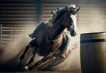 Illustration of a cowboy competing in barrel racing at a dusty country rodeoの素材
