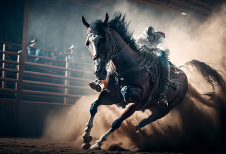 Illustration of a cowboy riding a bucking bronc horse at a dusty country rodeoの素材