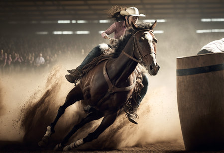 Illustration of a cowboy competing in barrel racing at a dusty country rodeoの素材