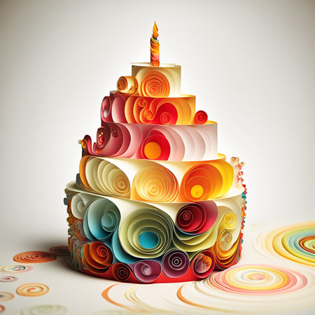 Illustration of paper quilling in the shape of a birthday cake with candleの素材