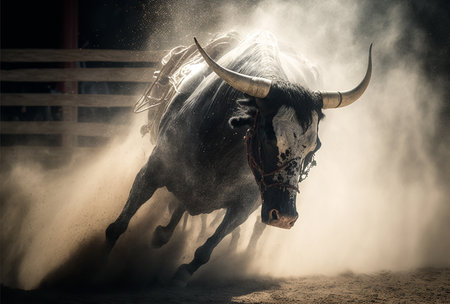 Illustration of rodeo action bull riding, including the dust of the arenaの素材