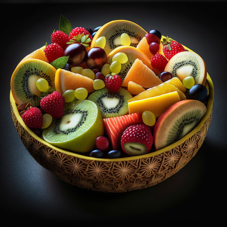 Illustration of a bowl of colorful healthy mixed fruitの素材