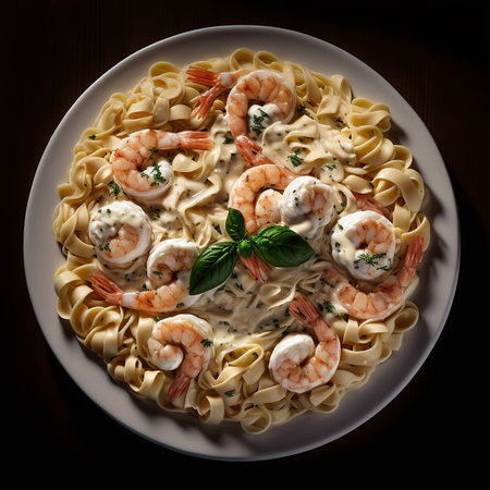 Illustration of a prawn and pasta meal on a plateの素材
