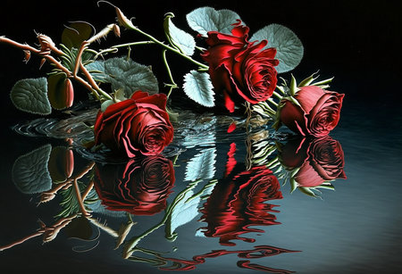 Illustration of red roses reflected in a bubble of clear waterの素材