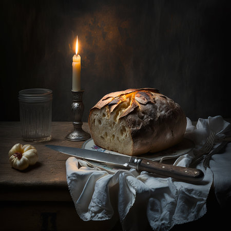 Illustration of a realistic still life loaf of bread with a candle, dark backgroundの素材