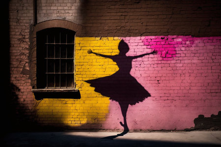Illustration of a silhouette shadow created by ballerina dancing against a pink and yellow wallの素材