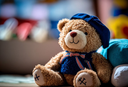 Illustration of a fluffy teddy bear wearing a blue hatの素材