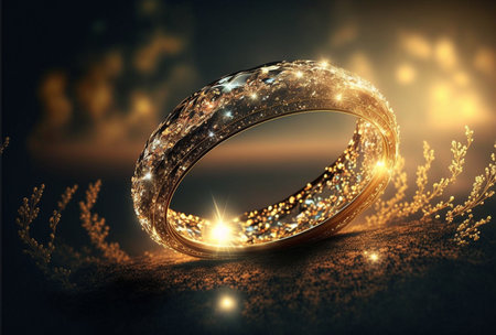 Illustration of sparkling light glowing from a gold wedding ringの素材
